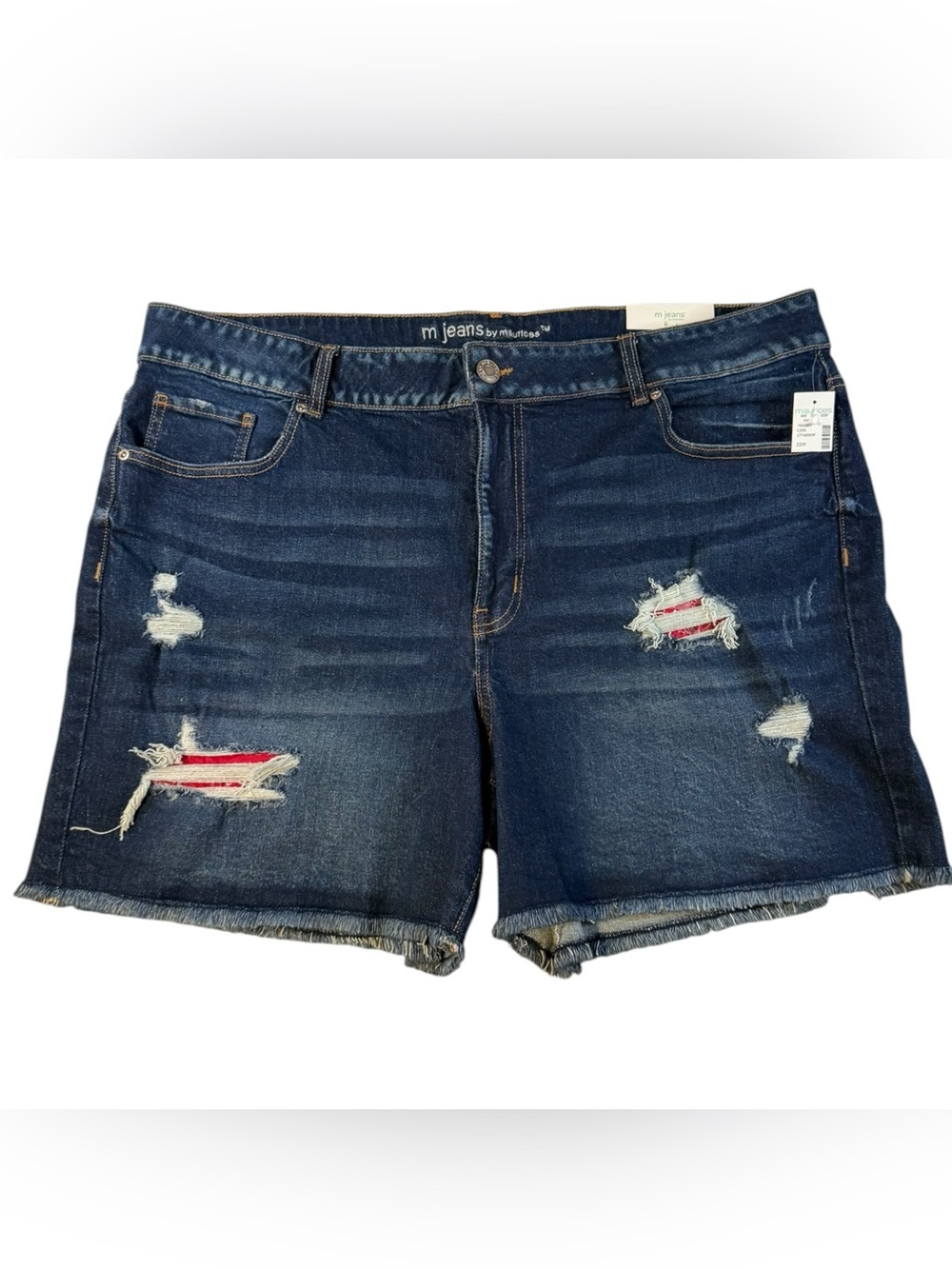 Maurices Dark Blue Distressed Denim Shorts with Red Patch Details